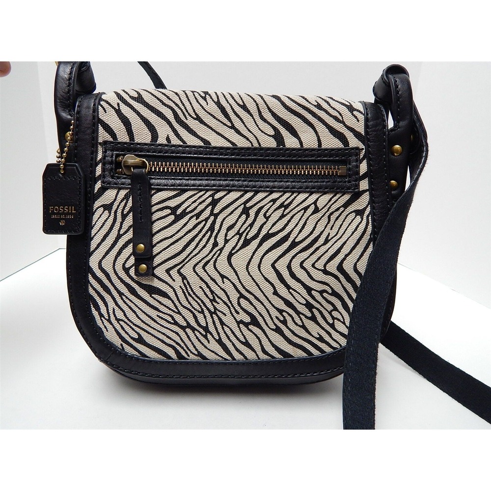 Fossil Issue Black Leather Canvas Crossbody Bag